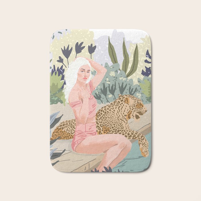 How to Train Your Leopard, Wild Cat Bohemian Woman Painting, Swimming Pool Bikini Summer Swim Animal Bath Mat Gallery Image 1