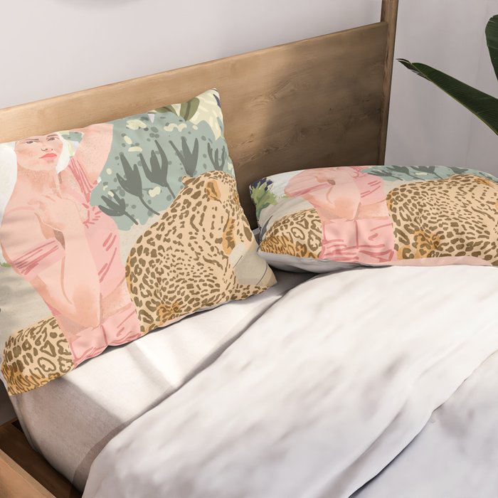 How to Train Your Leopard, Wild Cat Bohemian Woman Painting, Swimming Pool Bikini Summer Swim Animal Pillow Sham Gallery Image 2