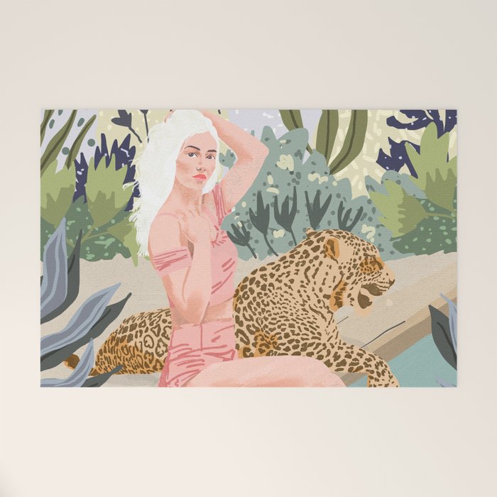 How to Train Your Leopard, Wild Cat Bohemian Woman Painting, Swimming Pool Bikini Summer Swim Animal Welcome Mat Gallery Image 1