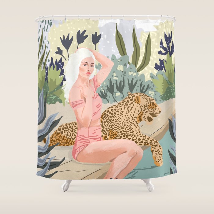 How to Train Your Leopard, Wild Cat Bohemian Woman Painting, Swimming Pool Bikini Summer Swim Animal Shower Curtain Gallery Image 1
