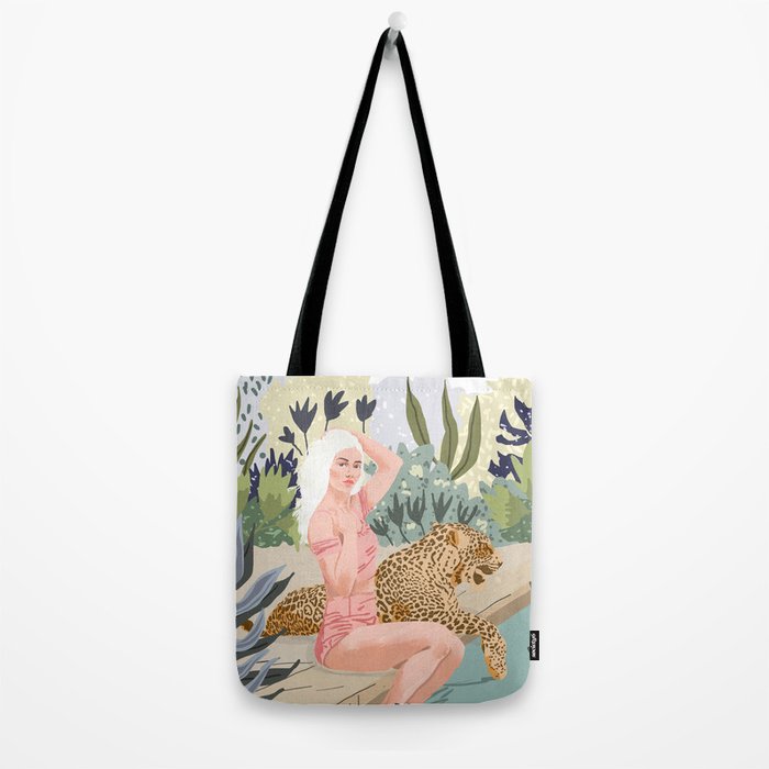 How to Train Your Leopard, Wild Cat Bohemian Woman Painting, Swimming Pool Bikini Summer Swim Animal Tote Bag Gallery Image 2
