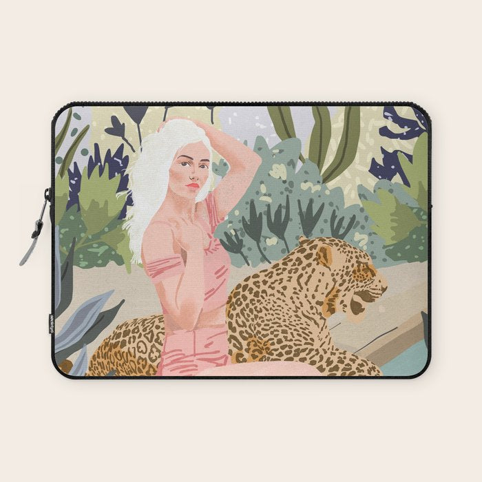 How to Train Your Leopard, Wild Cat Bohemian Woman Painting, Swimming Pool Bikini Summer Swim Animal Laptop Sleeve Gallery Image 1