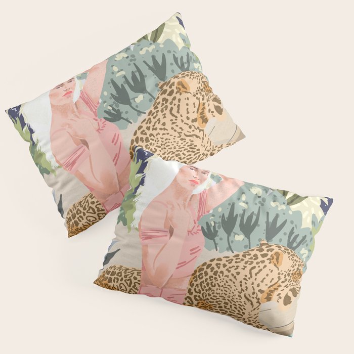 How to Train Your Leopard, Wild Cat Bohemian Woman Painting, Swimming Pool Bikini Summer Swim Animal Pillow Sham Gallery Image 1