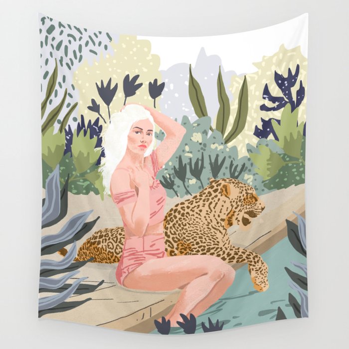 How to Train Your Leopard, Wild Cat Bohemian Woman Painting, Swimming Pool Bikini Summer Swim Animal Wall Tapestry Gallery Image 4