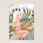 How to Train Your Leopard, Wild Cat Bohemian Woman Painting, Swimming Pool Bikini Summer Swim Animal Stationery Card Gallery Image 2
