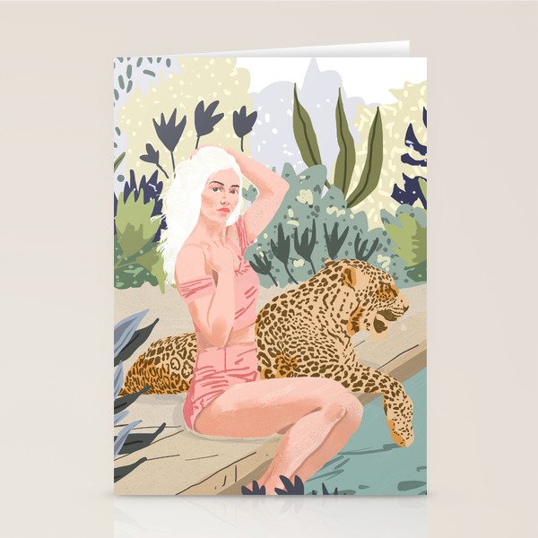 How to Train Your Leopard, Wild Cat Bohemian Woman Painting, Swimming Pool Bikini Summer Swim Animal Stationery Card Gallery Image 2