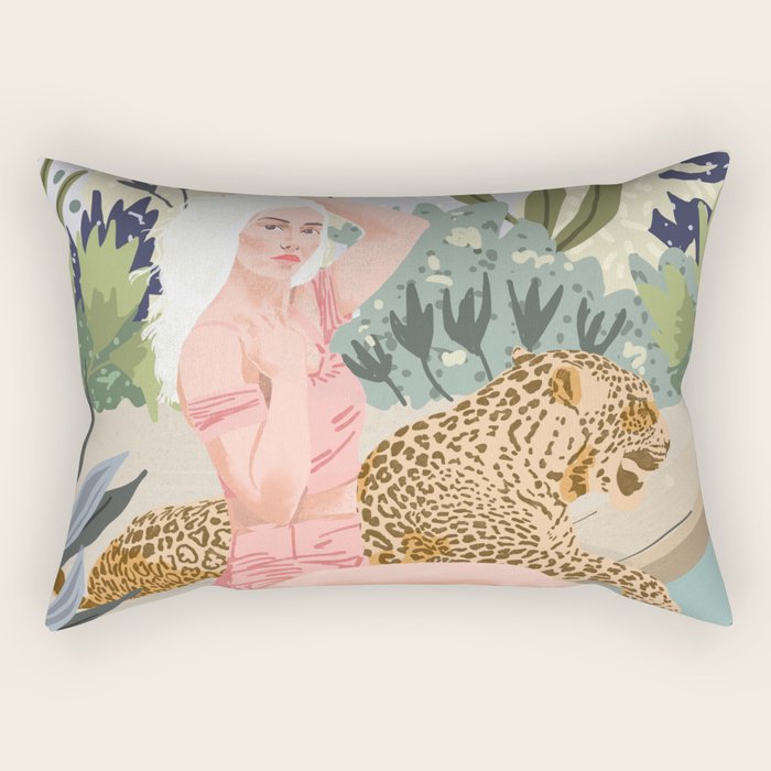How to Train Your Leopard, Wild Cat Bohemian Woman Painting, Swimming Pool Bikini Summer Swim Animal Rectangular Pillow Gallery Image 2