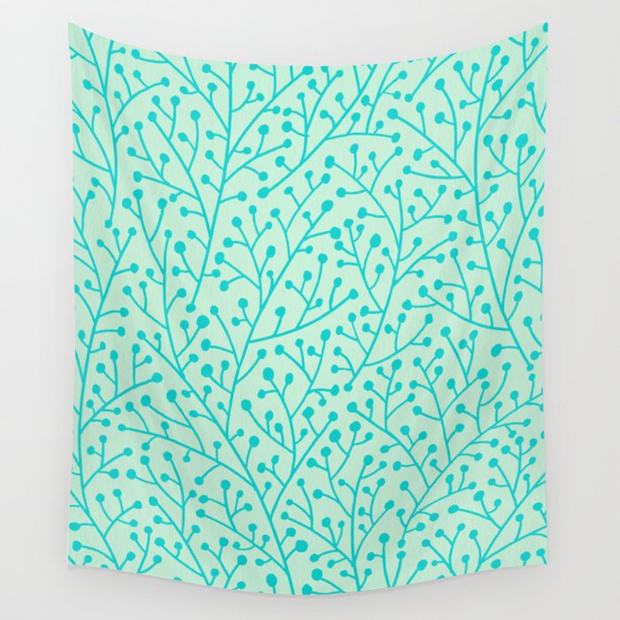 Berry Branches - Mint & Turquoise Palette Wall Tapestry Gallery Image 4