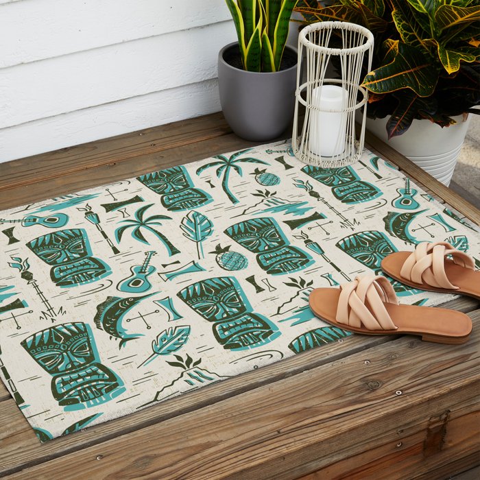 Tropical Tiki - Cream & Aqua Outdoor Rug Gallery Image 2