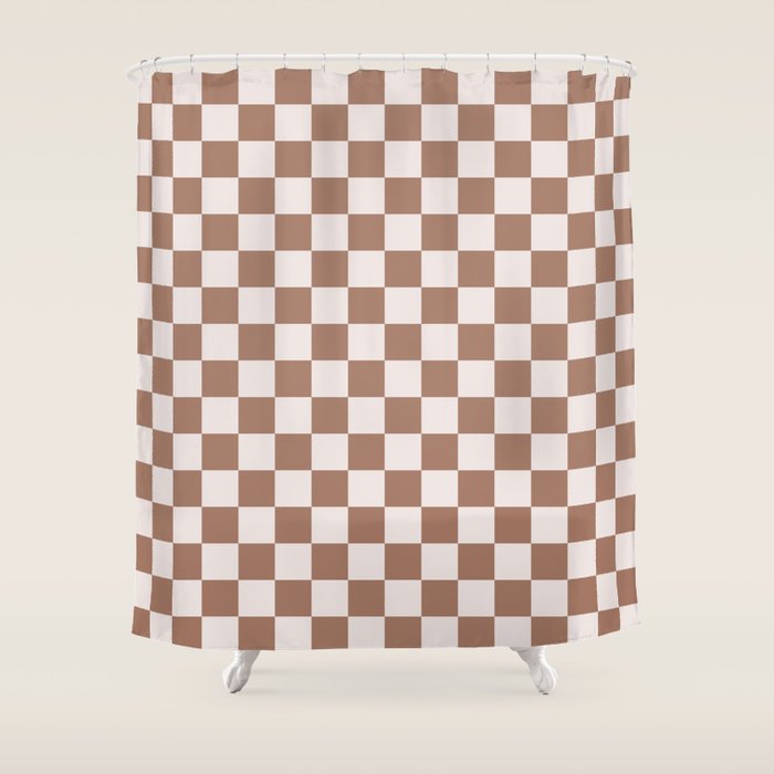 Checkered Check Checkerboard Pattern in Mocha Brown Shower Curtain Gallery Image 1