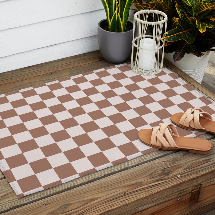 Checkered Check Checkerboard Pattern in Mocha Brown Outdoor Rug Gallery Image 2