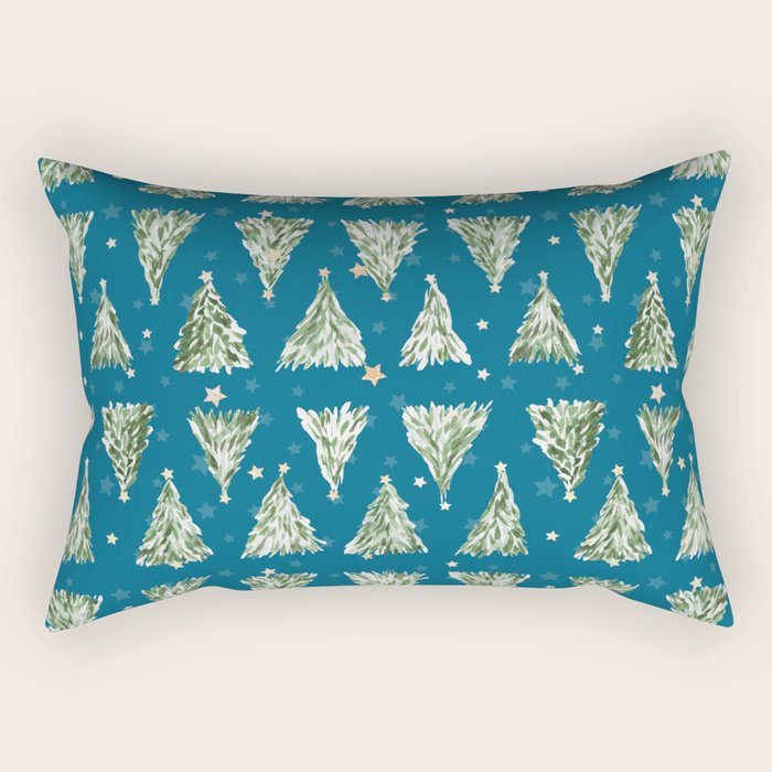 Holiday christmas tree over blue peacock pattern Rectangular Pillow Gallery Image 1