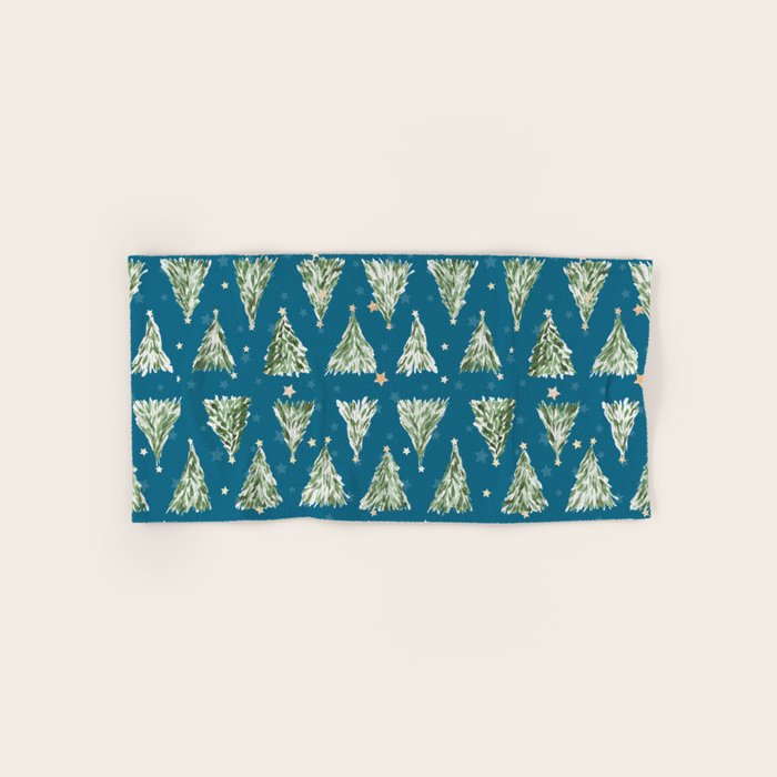 Holiday christmas tree over blue peacock pattern Bath Towel Gallery Image 1