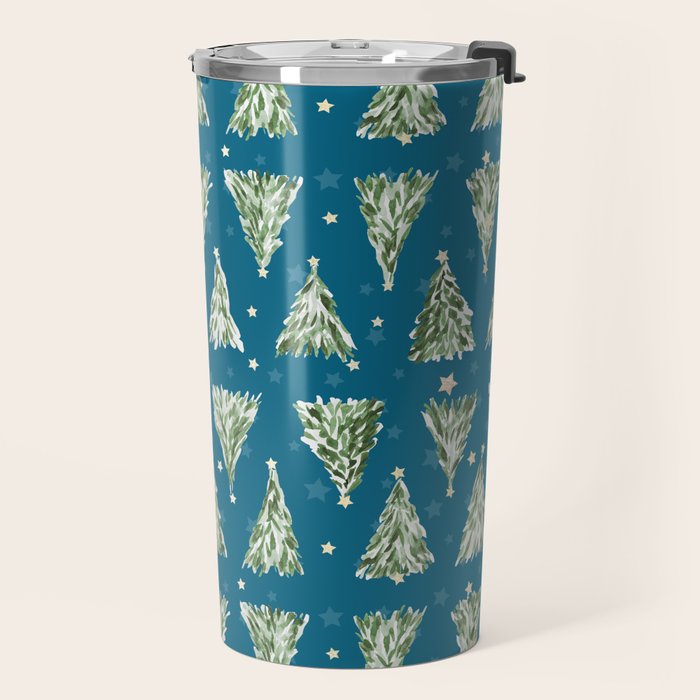 Holiday christmas tree over blue peacock pattern Travel Mug Gallery Image 2