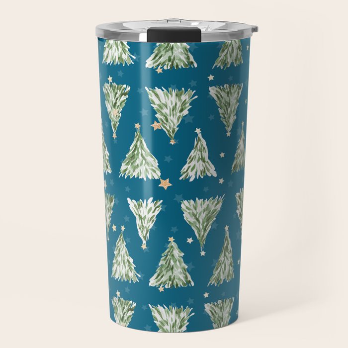 Holiday christmas tree over blue peacock pattern Travel Mug Gallery Image 1