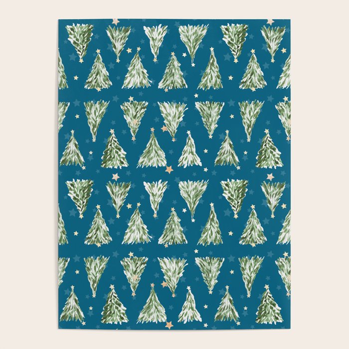 Holiday christmas tree over blue peacock pattern Poster Gallery Image 4
