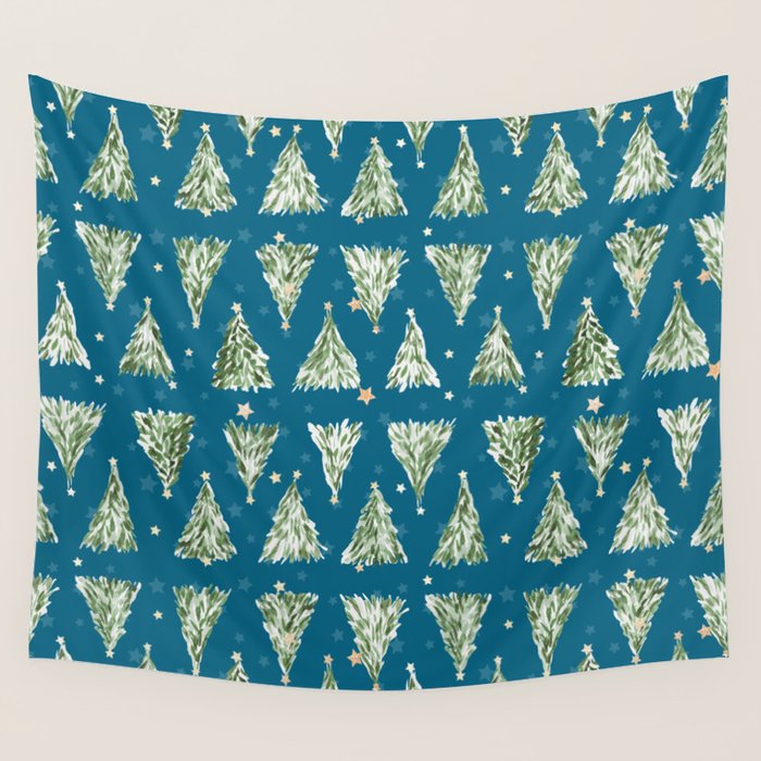 Holiday christmas tree over blue peacock pattern Wall Tapestry Gallery Image 1