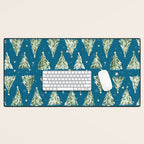 Holiday christmas tree over blue peacock pattern Desk Mat Gallery Image 1