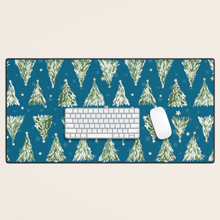 Holiday christmas tree over blue peacock pattern Desk Mat Gallery Image 1