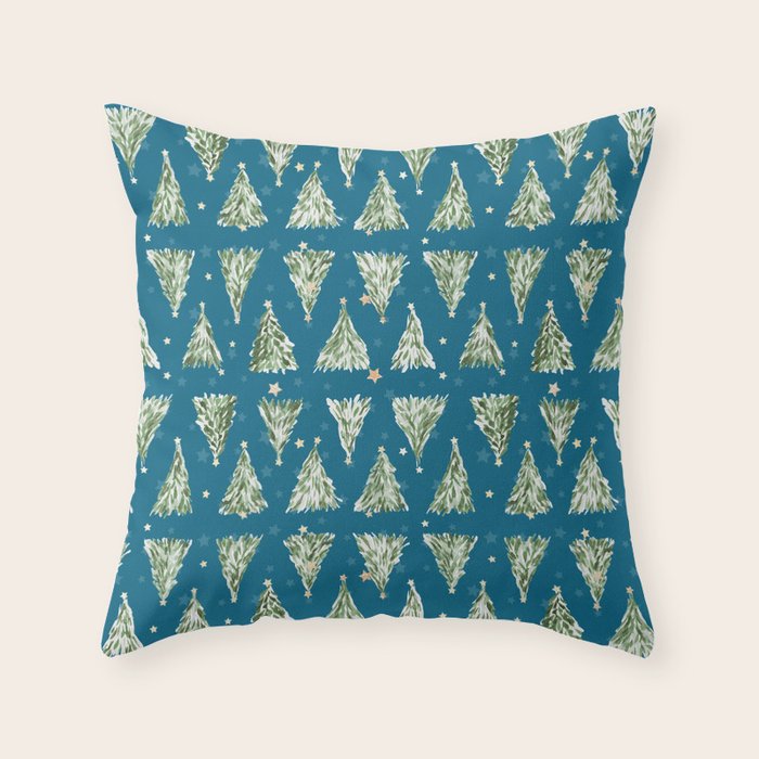 Holiday christmas tree over blue peacock pattern Throw Pillow Gallery Image 1