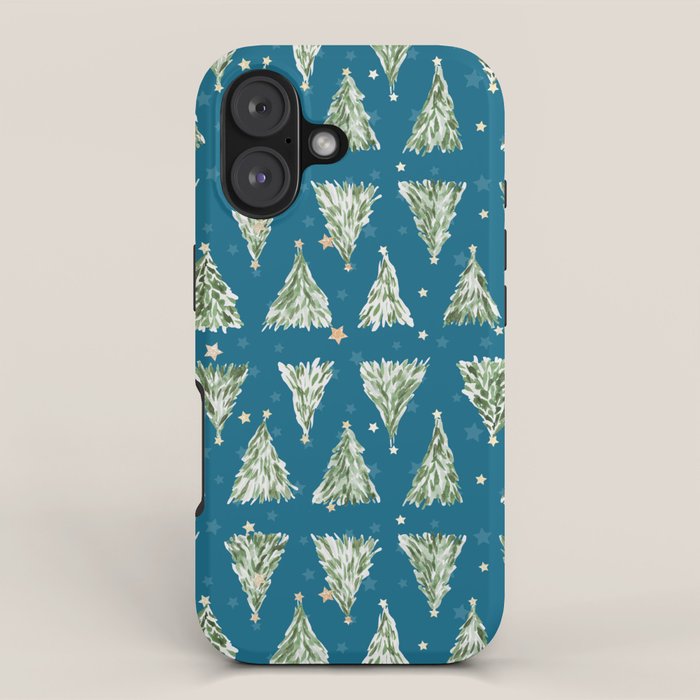 Holiday christmas tree over blue peacock pattern iPhone Case Gallery Image 1