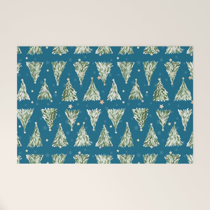 Holiday christmas tree over blue peacock pattern Welcome Mat Gallery Image 1