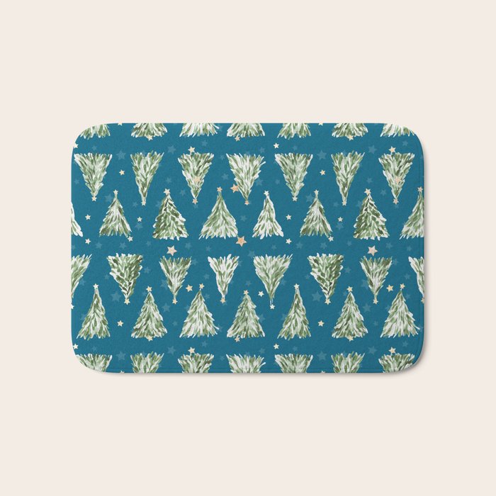Holiday christmas tree over blue peacock pattern Bath Mat Gallery Image 1
