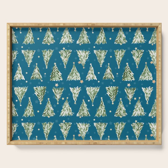 Holiday christmas tree over blue peacock pattern Serving Tray Gallery Image 1