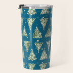 Holiday christmas tree over blue peacock pattern Travel Mug Gallery Image 3