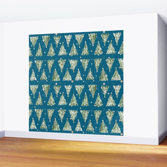 Holiday christmas tree over blue peacock pattern Wall Mural Gallery Image 2