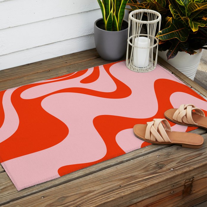 Retro Liquid Swirl Abstract 2 in Bold Orange and Pink Outdoor Rug Gallery Image 2