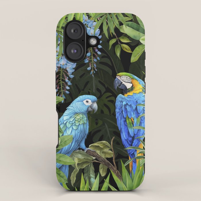 Tropical Blues Watercolor Parrots In The Canopy iPhone Case Gallery Image 1