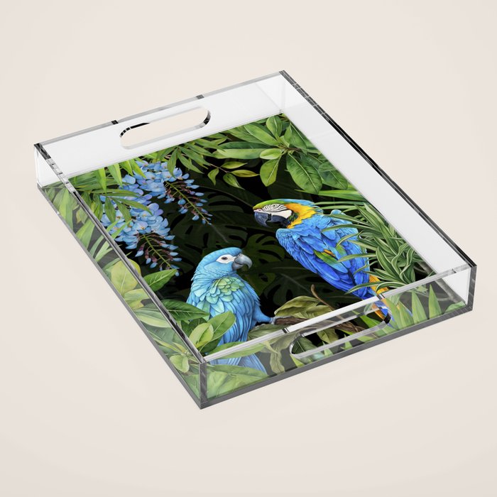 Tropical Blues Watercolor Parrots In The Canopy Acrylic Tray Gallery Image 1