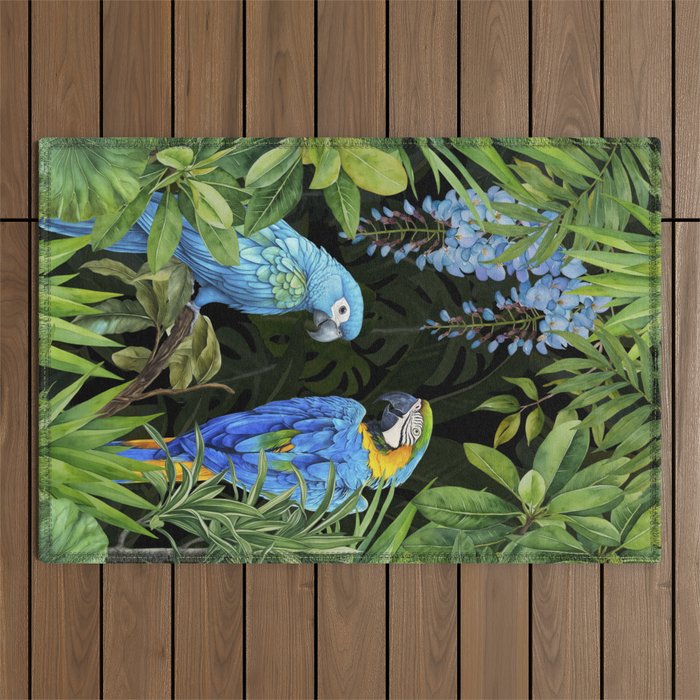 Tropical Blues Watercolor Parrots In The Canopy Outdoor Rug Gallery Image 1