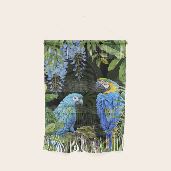 Tropical Blues Watercolor Parrots In The Canopy Wall Hanging Gallery Image 1