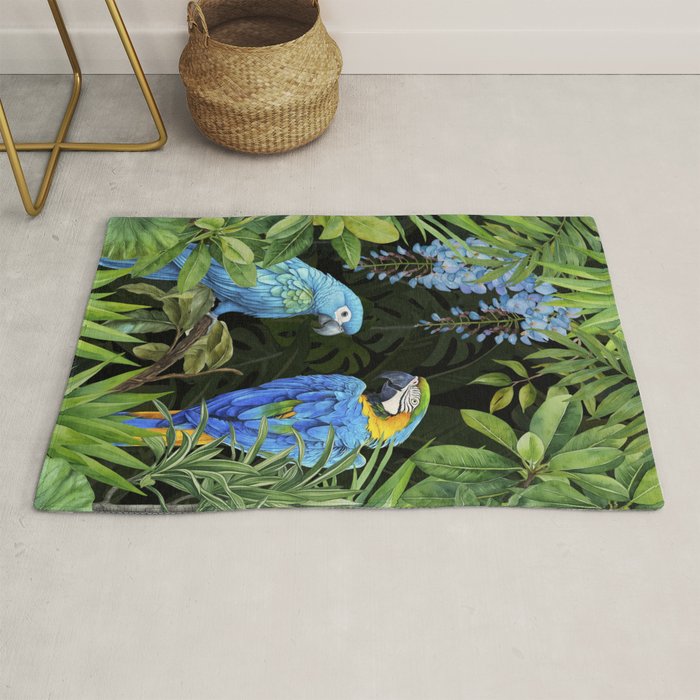 Tropical Blues Watercolor Parrots In The Canopy Rug Gallery Image 1