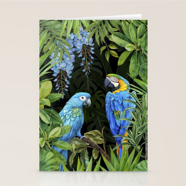 Tropical Blues Watercolor Parrots In The Canopy Stationery Card Gallery Image 1