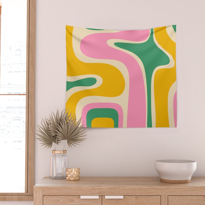 Retro Copacetic Abstract Yellow Pink Green Wall Tapestry Gallery Image 2