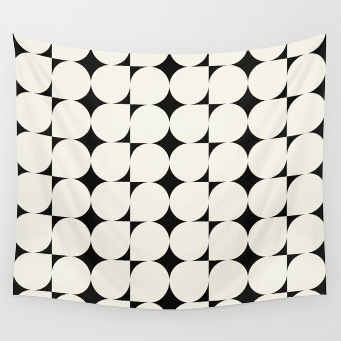 Mid-Century-Modern Abstract Retro Seamless Pattern Black and off-White Wall Tapestry Gallery Image 1