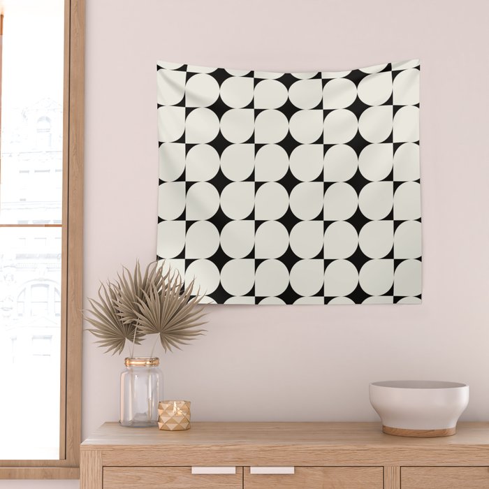Mid-Century-Modern Abstract Retro Seamless Pattern Black and off-White Wall Tapestry Gallery Image 2