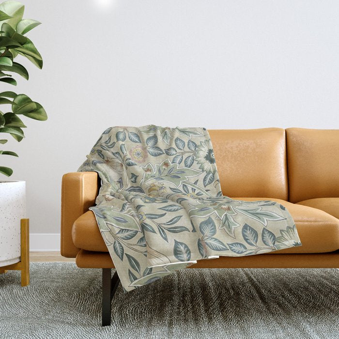 William Morris Vintage Orkney Wilhelmina Linen Sage Green Floral Throw Blanket Gallery Image 1
