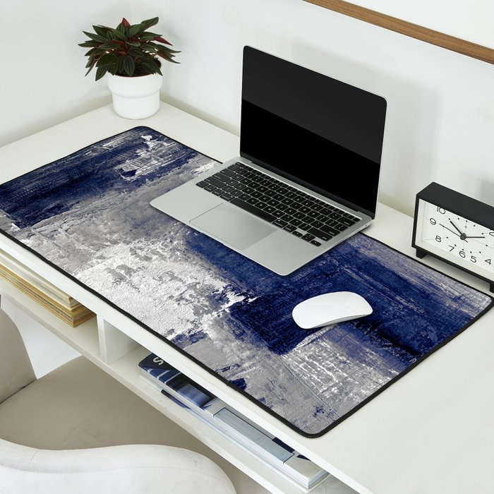 Minimalist Blue and White Abstract Painting  Textured Modern Art gray abstract Desk Mat Gallery Image 2