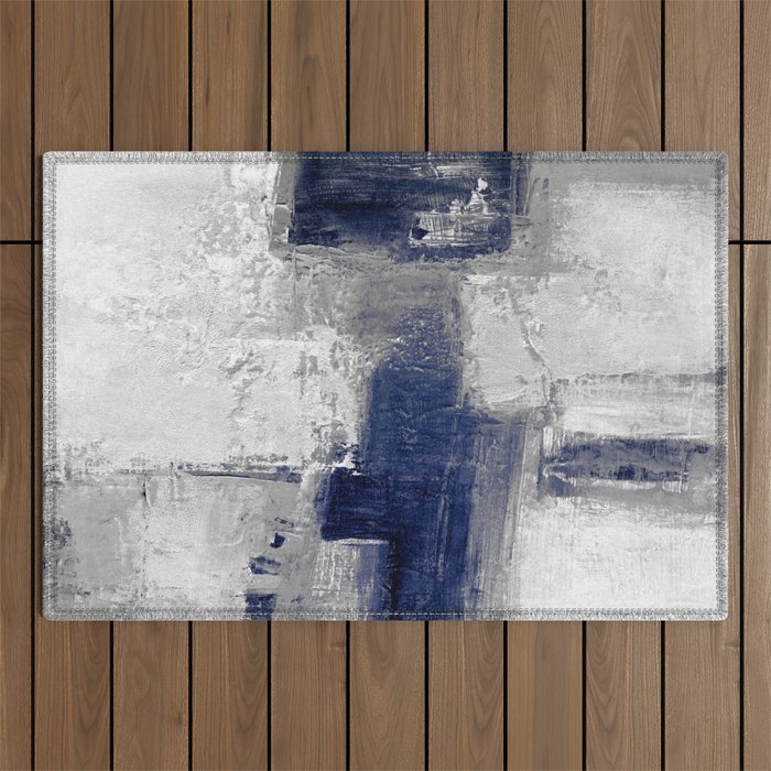 Minimalist Blue and White Abstract Painting  Textured Modern Art gray abstract Outdoor Rug Gallery Image 1
