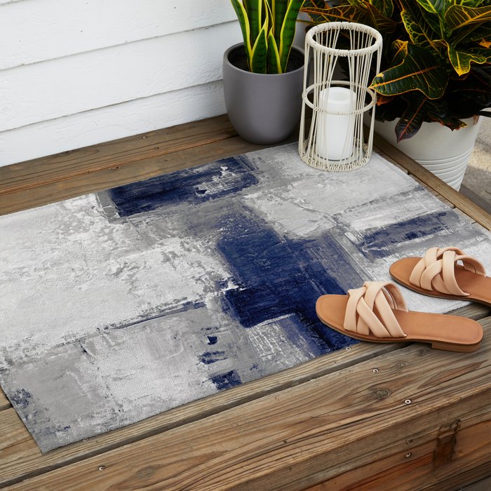 Minimalist Blue and White Abstract Painting  Textured Modern Art gray abstract Outdoor Rug Gallery Image 2