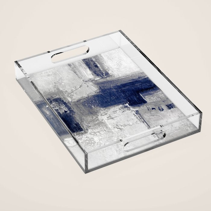 Minimalist Blue and White Abstract Painting  Textured Modern Art gray abstract Acrylic Tray Gallery Image 1