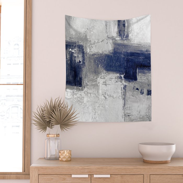 Minimalist Blue and White Abstract Painting  Textured Modern Art gray abstract Wall Tapestry Gallery Image 2