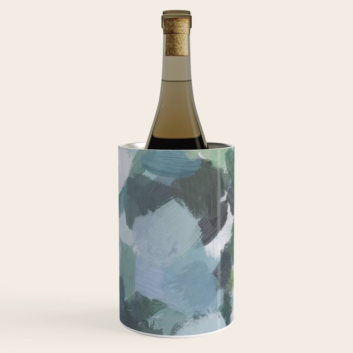 Escaping Reality - Mint Aqua Navy Indigo Sage Lime Green Abstract Nature Painting, Modern Leaves Sky Wine Chiller Gallery Image 2