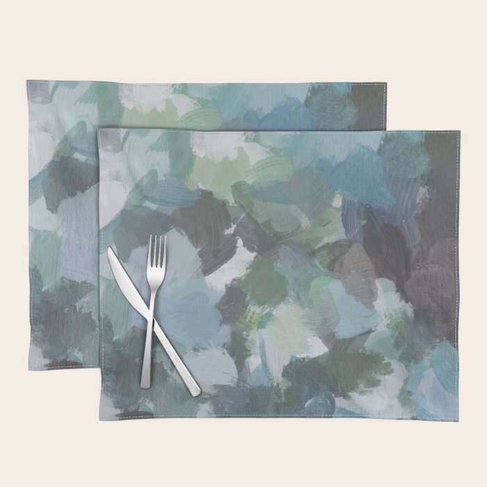 Escaping Reality - Mint Aqua Navy Indigo Sage Lime Green Abstract Nature Painting, Modern Leaves Sky Placemat Gallery Image 1