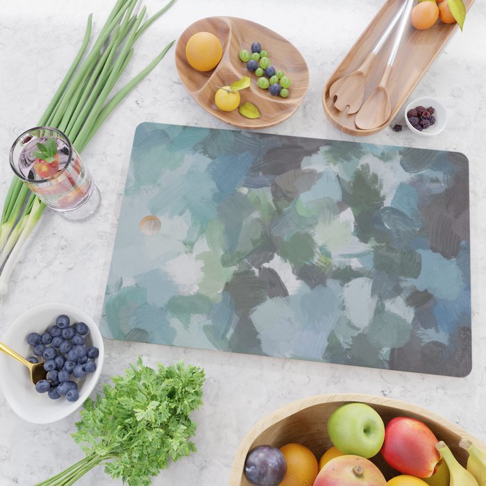 Escaping Reality - Mint Aqua Navy Indigo Sage Lime Green Abstract Nature Painting, Modern Leaves Sky Cutting Board Gallery Image 2