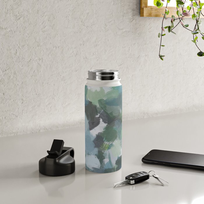 Escaping Reality - Mint Aqua Navy Indigo Sage Lime Green Abstract Nature Painting, Modern Leaves Sky Water Bottle Gallery Image 4